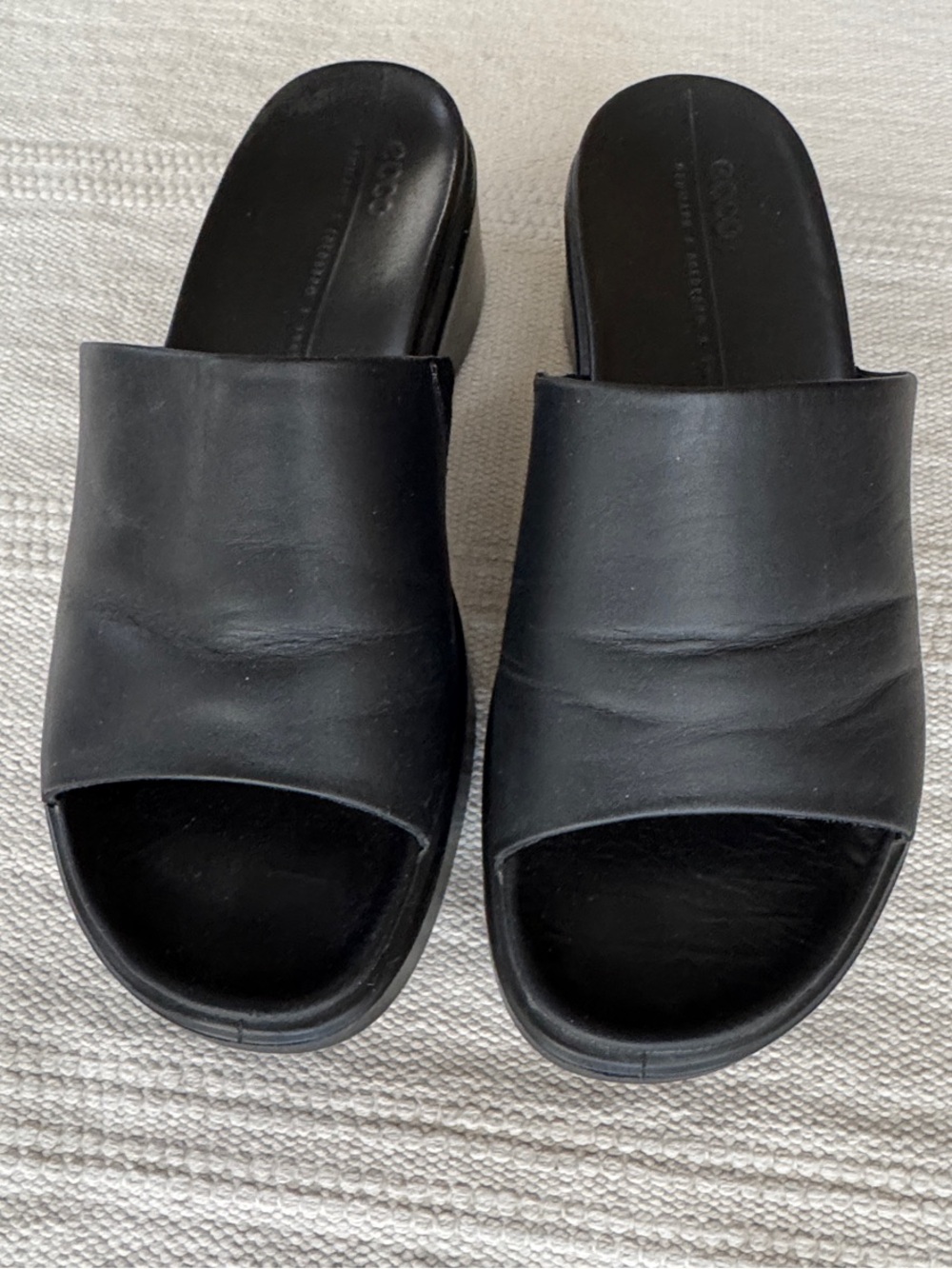 Ecco Black Leather Wedge Slide Sandals